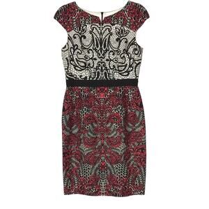 David Meister Sheath Dress Stretch Black Pink Scroll Paisley Fitted Tailored 6